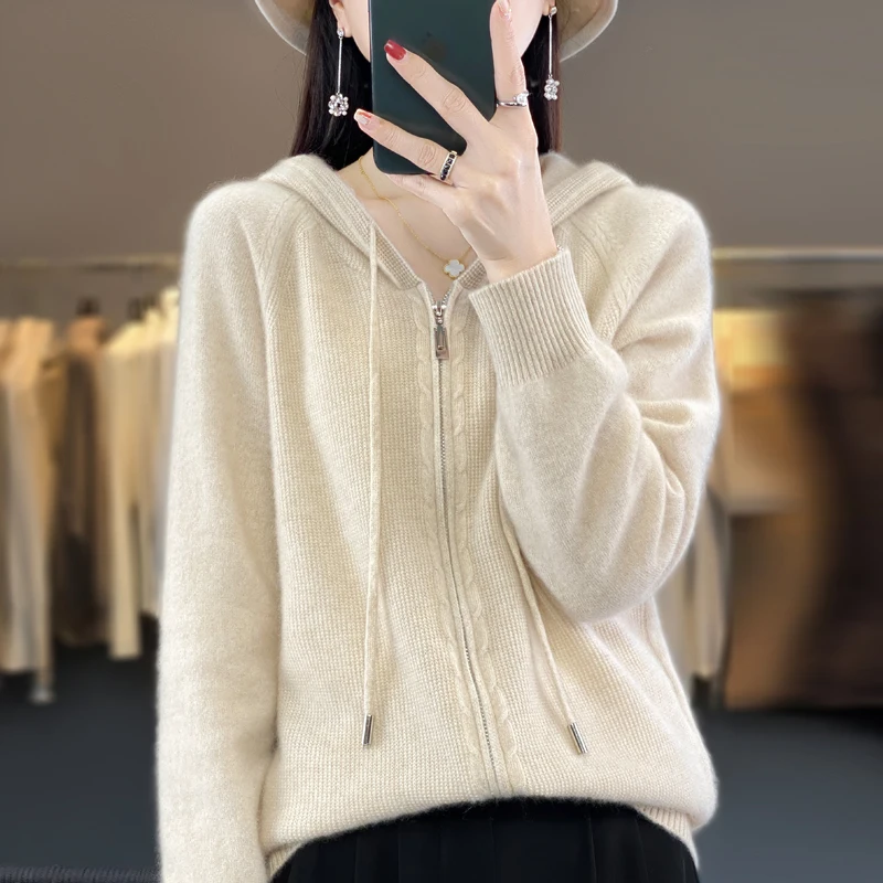 Новый шерстяной свитер-кардиган на осень и зиму женская рубашка с капюшоном