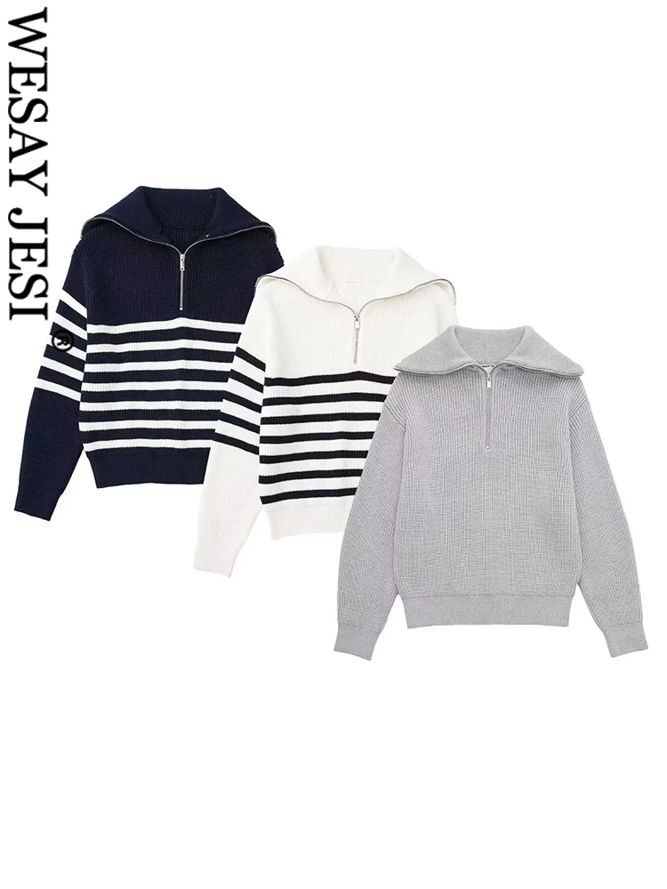 

WESAY JESI Autumn Winter Thick Warm Loose Striped Knit Sweater Women Vintage Elegant Long Sleeve Zip Female Pullover Chic Top