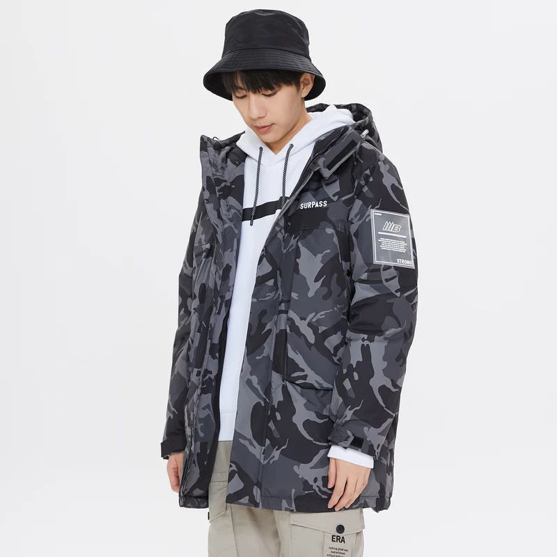 Metersbonwe  Man Camouflage Color Hooded Down Jacket 80% Gray Duck Down Warm Winter Cargo Style Stereo Pocket Long Down Coat