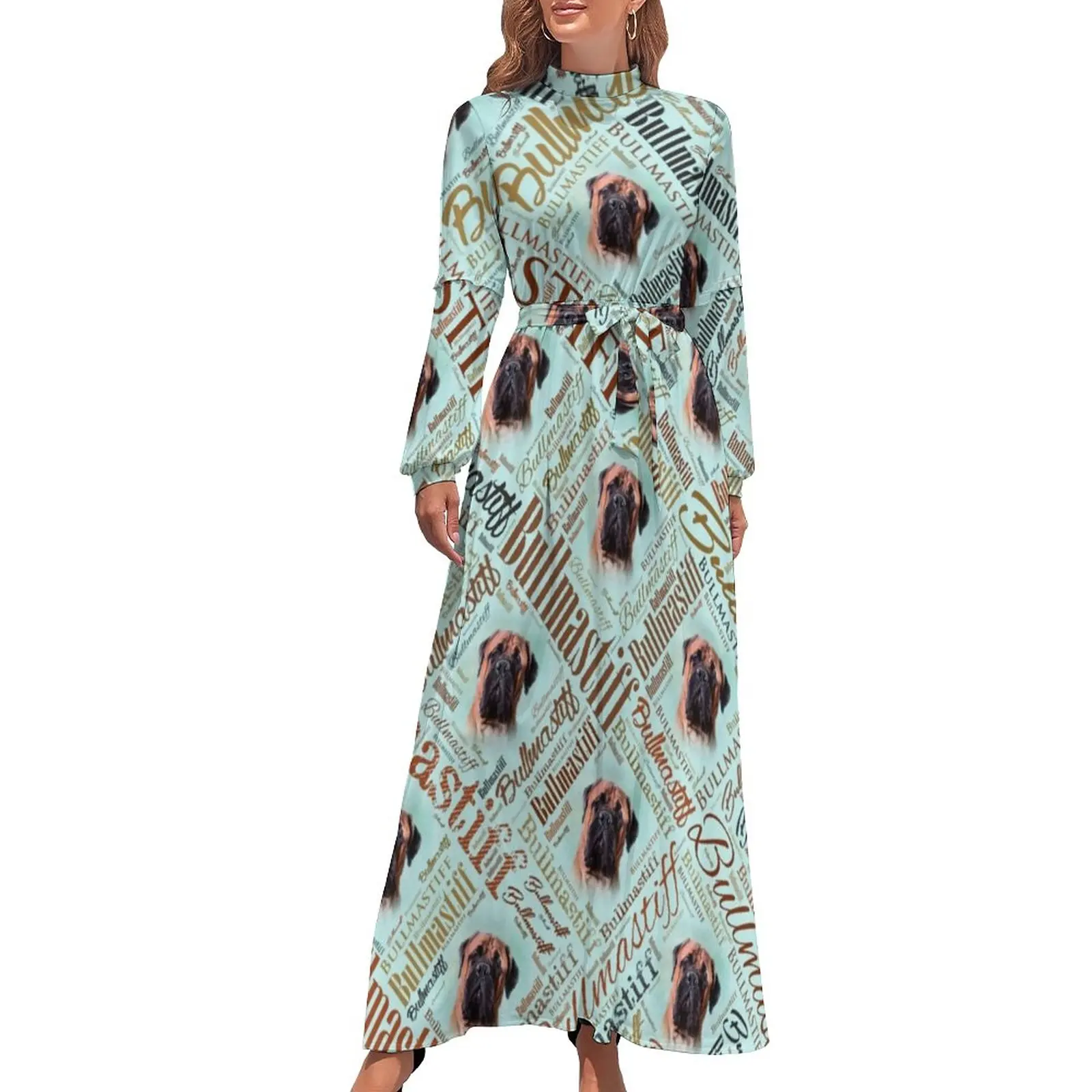 

Bullmastiff Word Art Dress Long Sleeve Animal Letter Print Maxi Dress High Waist Street Wear Design Boho Beach Long Dresses Gift