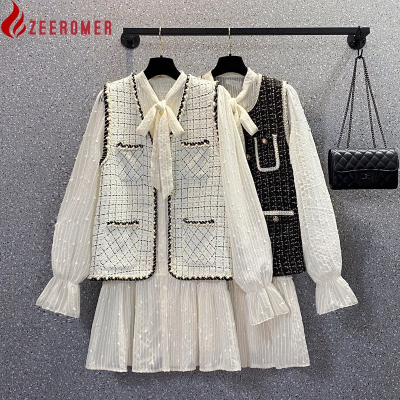 

Новинка осени 2022, яркий твидовый жилет без рукавов с круглым вырезом + однобортное Свободное платье с воротником-бантом