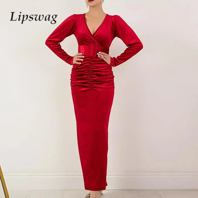 

Autumn Sexy V Neck Long Sleeve Slim Party Dress Elegant Ladies Velvet Temperament Dress Fashion Waisted Pleated Banquet Dresses