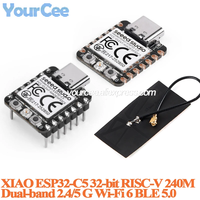 Фото 10 шт./1 шт. Модуль платы разработки Seeed Studio XIAO ESP32C5, 32-битный процессор RISC-V, тактовая частота 240 МГц, Wi-Fi 6 (2.4/5 ГГц), BLE 5.0, Zigbee, Thread №1