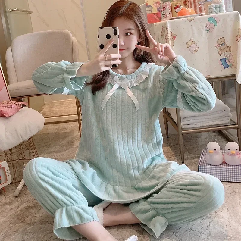 

Woman Women Set Pajamas Warm Fashion Pajama Pijama Winter Sleepwear Cloth Thicken Mujer Lace Home Autumn Flannel Pyjamas