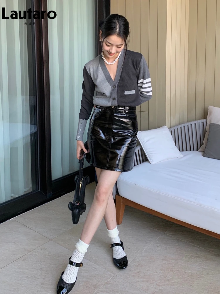 Lautaro Лето Осень Черная Светоотражающая Блестящая Юбка Из Лакированной Кожи