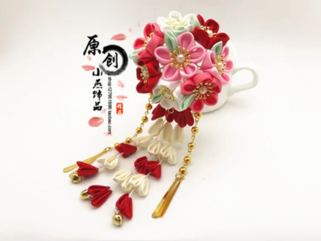 Фото Sakura Tsumami Zaiku Kanzashi заколка для волос для кимоно палочка для волос аксессуары для волос японский цветок канзаши головной убор косплей №3