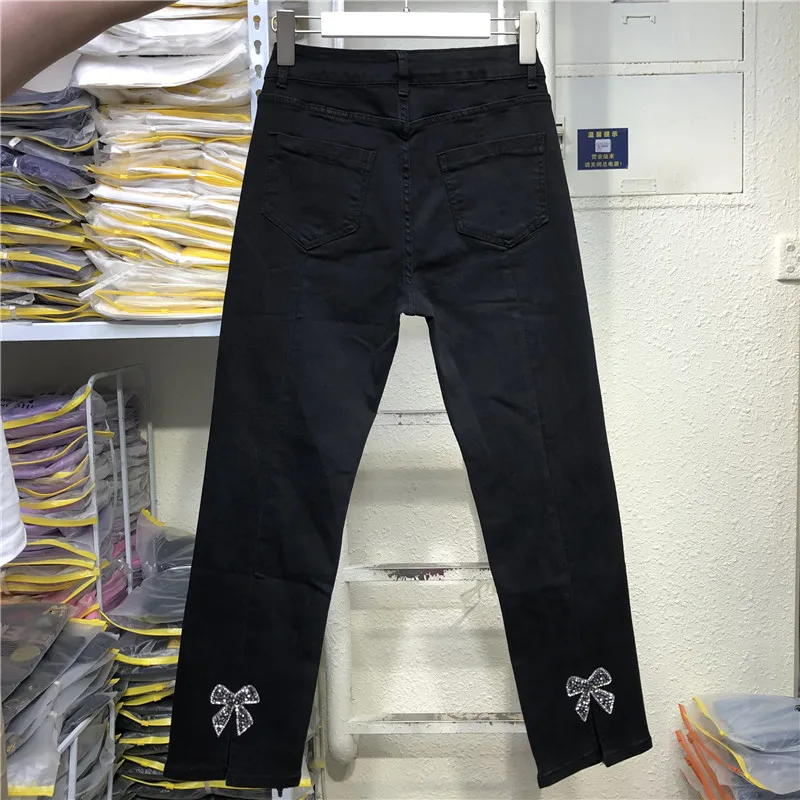 

Black Straight Denim Pants 2022 New Spring Autumn Stretch High Waist Split Bow Hot Drilling Ankle-length Ladies Harem Jeans