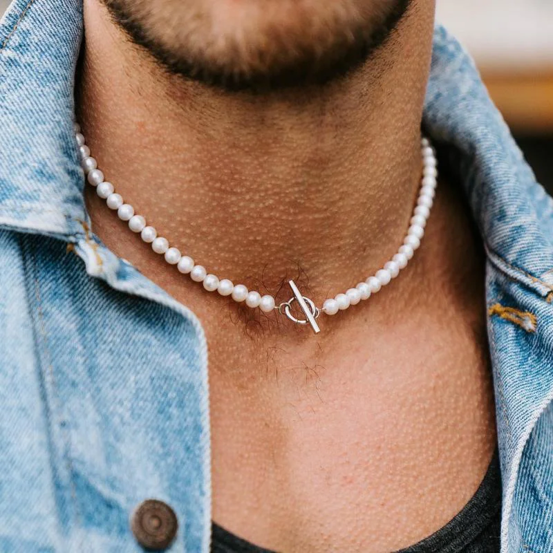 

2023 Hot Fashion Imitation Pearls Necklace Men Temperament Handmade 6mm Bead Toggle OT Clasps Necklace For Men Jewelry Gift
