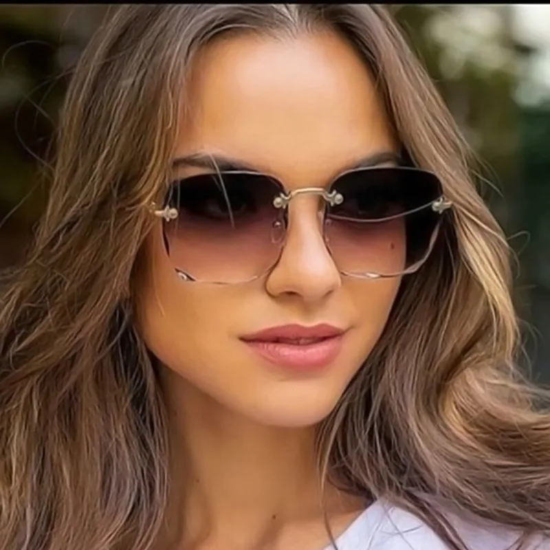 

Square Rimless Sunglasses Women Luxury Brand Designer Summer Red pink Glasses Fashion Sun glasses For Men UV400 Shades Oculos