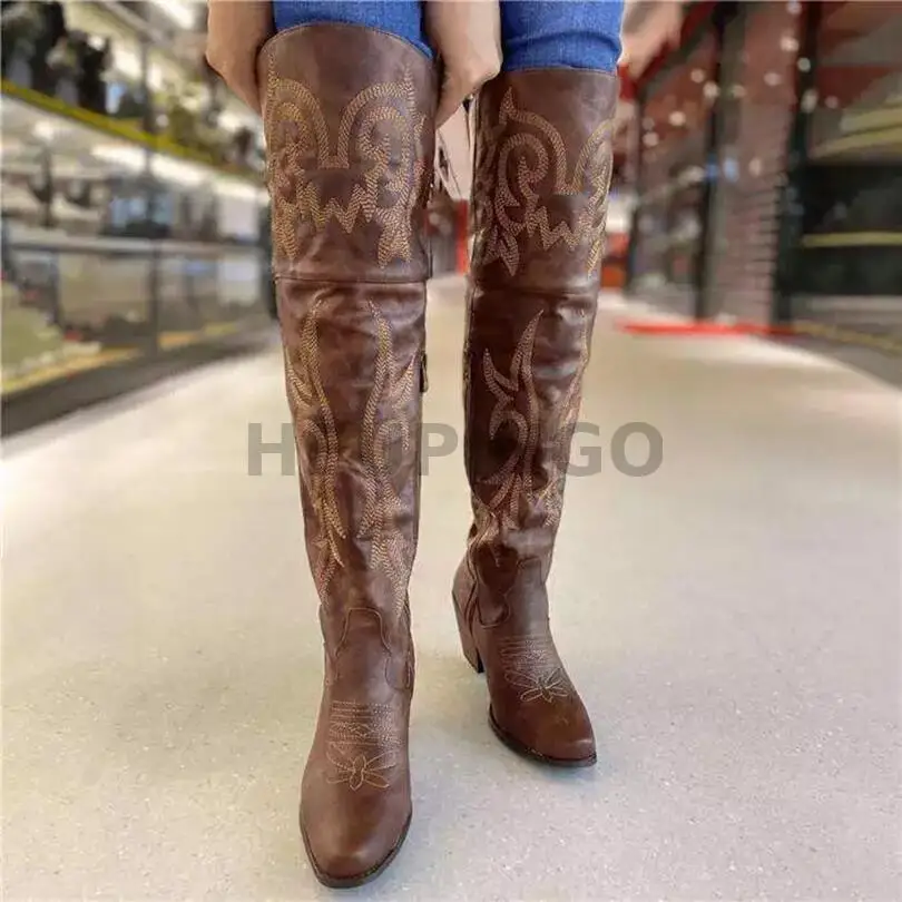 Cowboy Boots For Women 2023 Fashion Brown Boots Knee High Heels Embroider Sexy Warm Winter Zip Femme Handmade Shoes Size 43