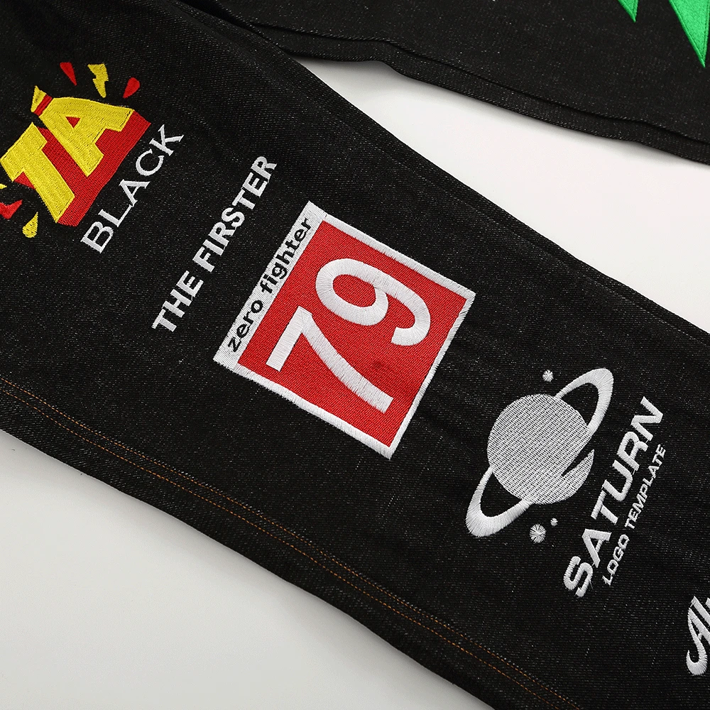 Letter Embroidery Baggy Denim Jeans Men High Street Fashion Loose Straight Pants Black Biker Casual Trousers Homme Pantalones