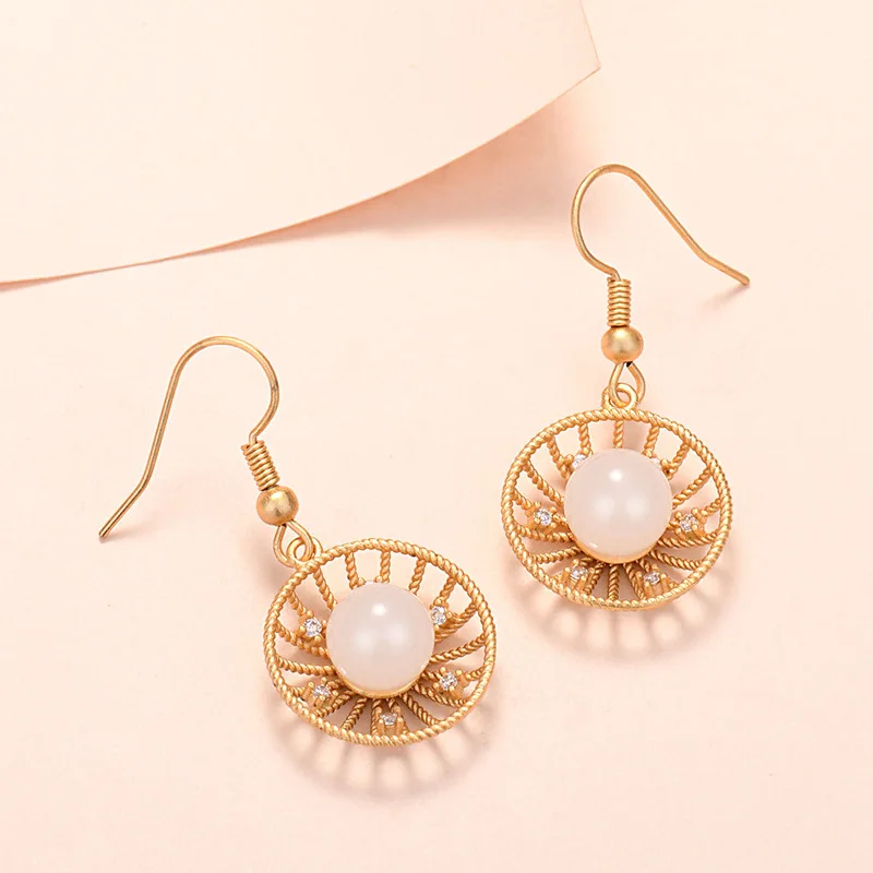 

New 2022 Handmade Designer Earrings White Jade Round Net Earrings Court Style Jade Pendant Zircon Ear Hook