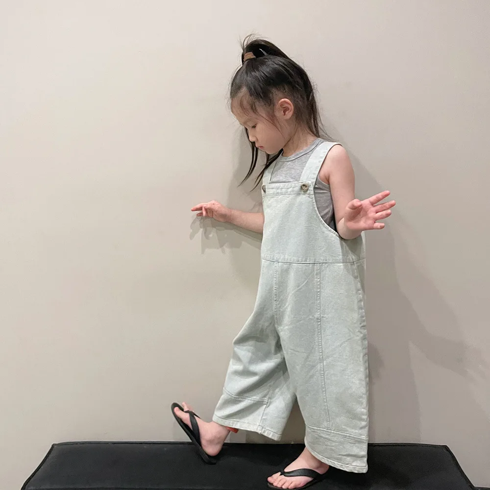 

4762C Children Pants Girl's Overall 2023 Spring Summer New Light-colored Bibs Girl's Strap Pant Casual Loose Korean Cowboy Bibs