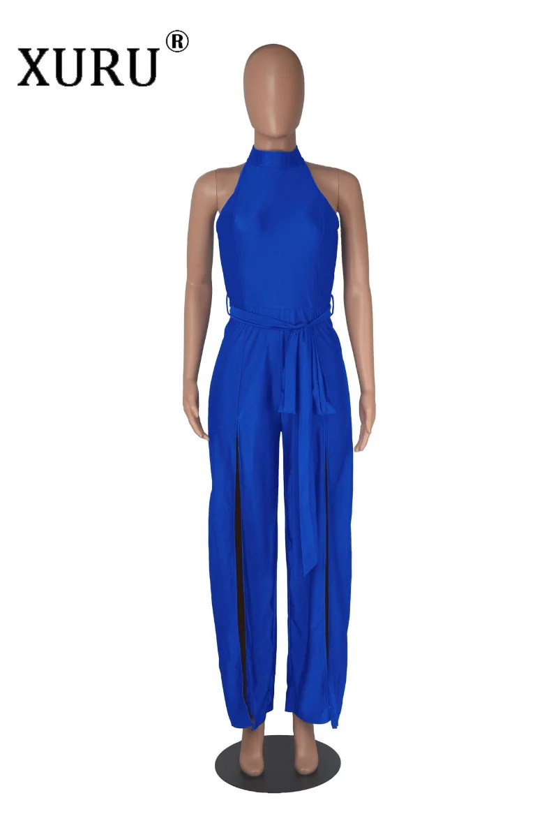 XURU-sexy High-split Strapping Jumpsuit, Spring New Women's Black Sleeveless Three-dimensional Jumpsuit 60A1882