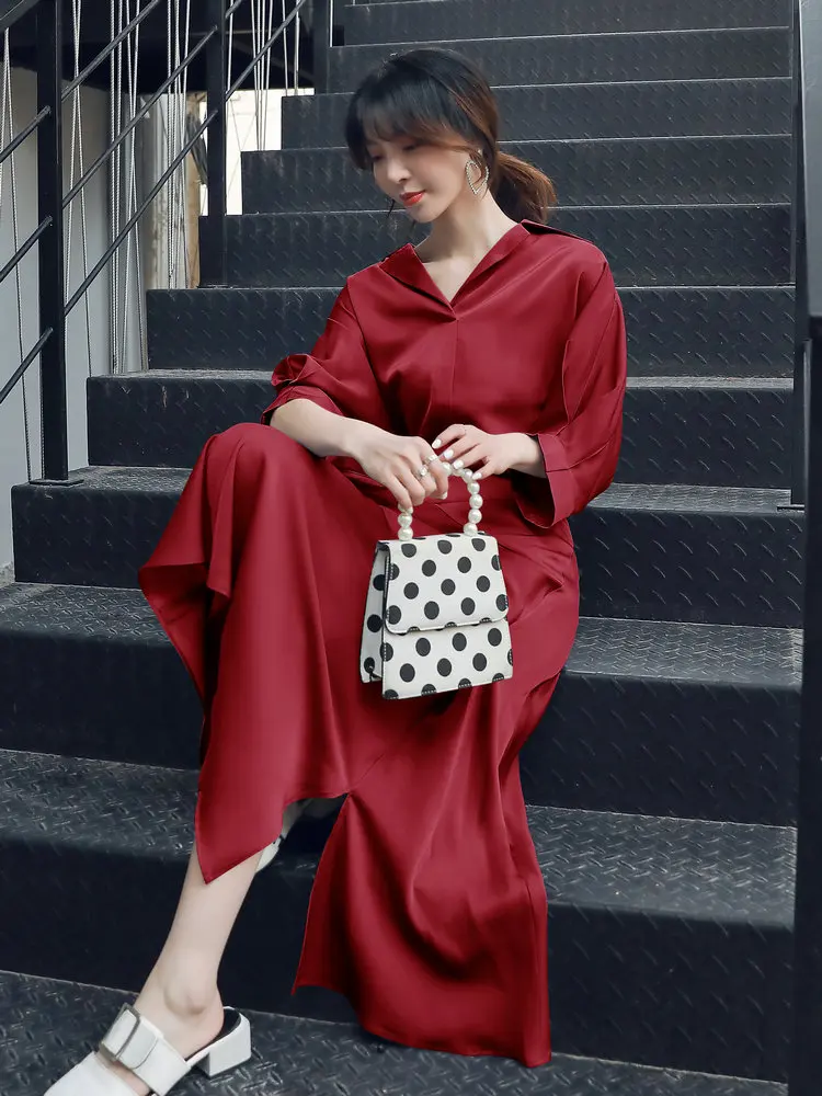 French Style Women Claret-Red Blue Shirt And Skirt 2PCS Suits Set Cozy Top And Calf Length Skirts Two Pieces Twinset Clothes New