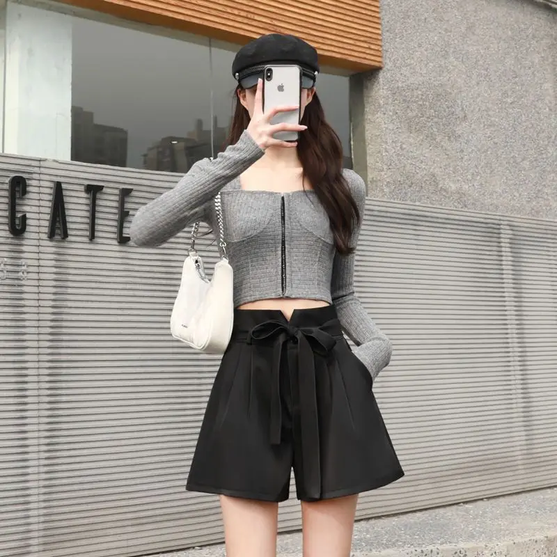 Spring Summer Casual Vintage All-match Chiffon Fashion Shorts for Women 2023 Bow Lacing Wide Leg High Casual Pants Streetwear