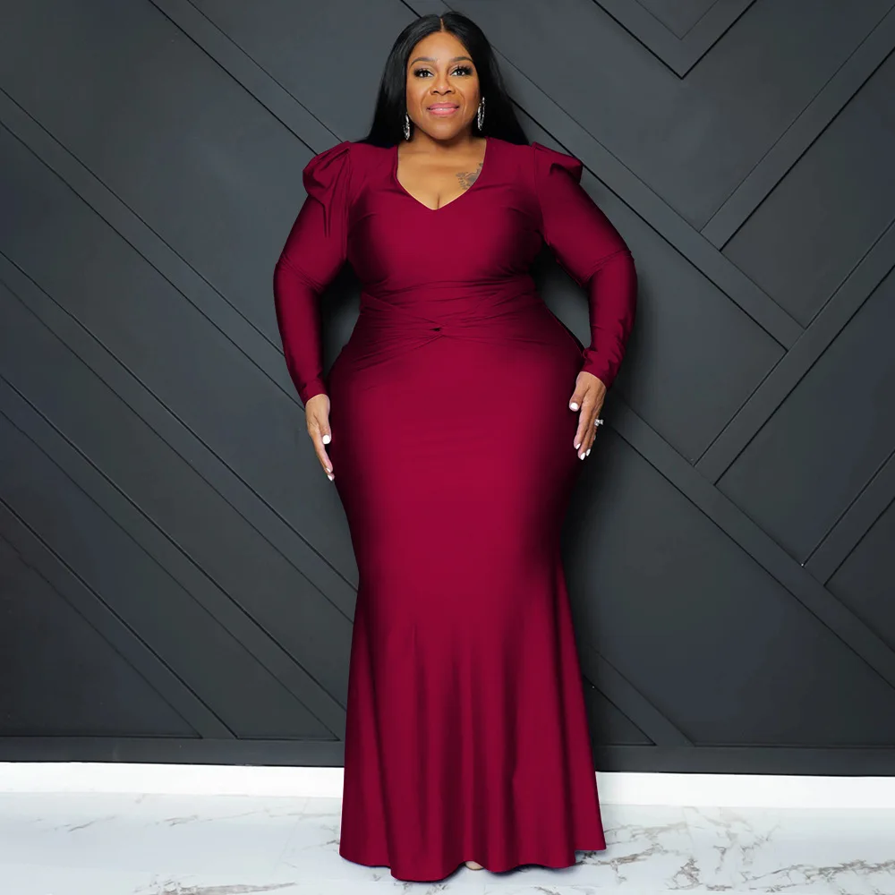 Plus Size Elegant Sexy Women Long Dress Autumn V Neck Long Sleeve Bodycon Party Vestidos Night Club Banquet Gowns Christmas 2022
