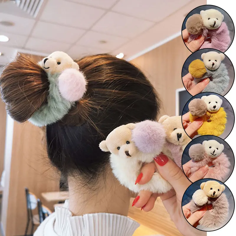 

Cute Bear Furry Elastic Hair Bands Korean Lovely Colorful Hair Rope Hair Scrunchies For Girls Women's Korean Accessories