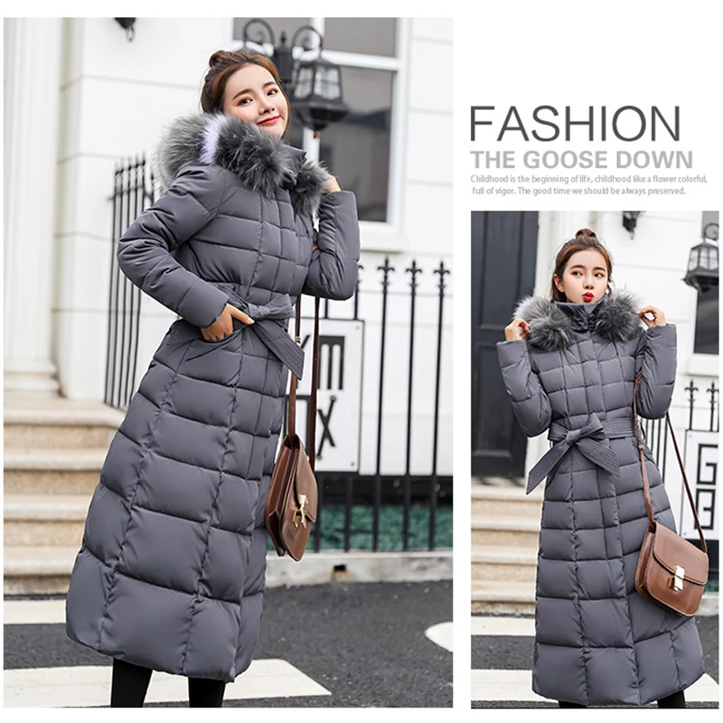 Women Winter Long Jacket Knee Coat Slim Warm Parka Hooded Fur Collar Long Coat Fashion Bow Belt Outwear Thick Coat