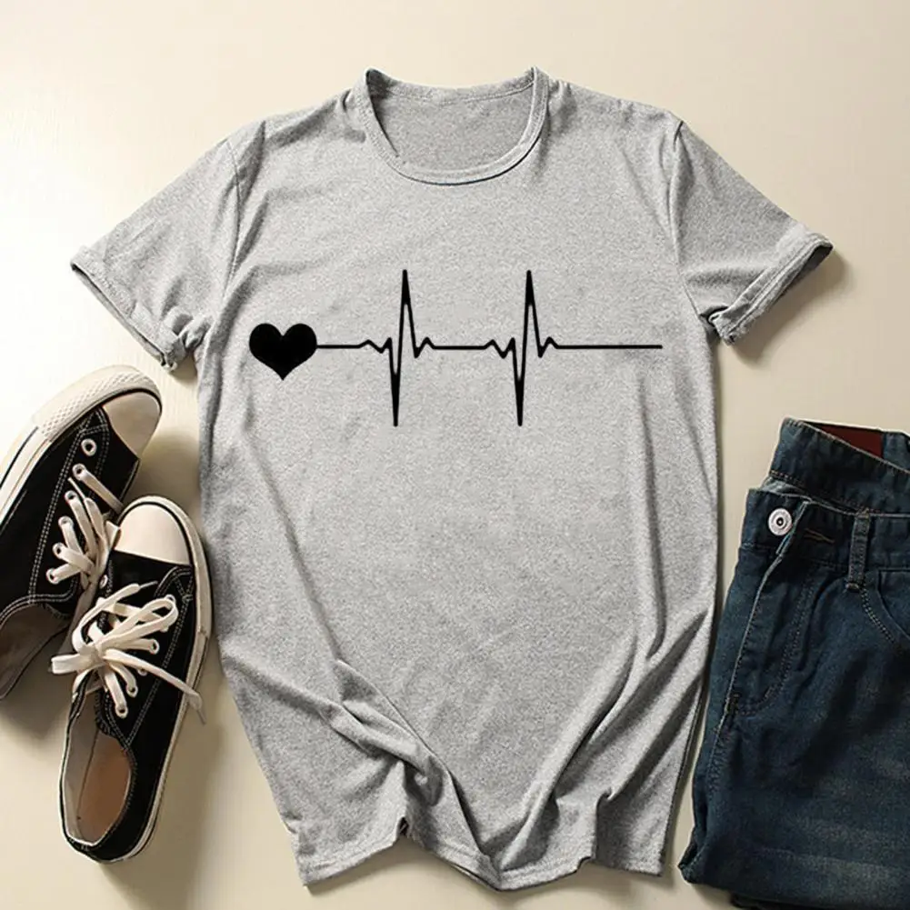 

Charming Casual T-shirt Crew Neck Sweat Absorbing Ladies T-shirt Love Trend Sweet Casual T-shirt