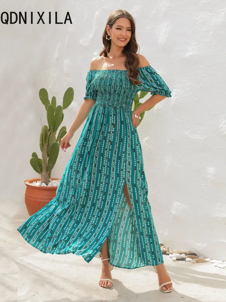 

Elegant Women's Dress 2023 Spring Summer New In Print Split Waist Long Dresses Off Shoulder Short Sleeve Sexy Women's Clothing