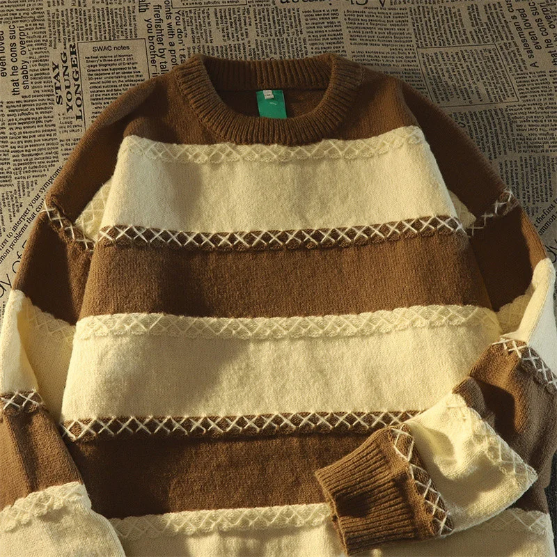 

High quality Oversize Contrast Stripe Sweater Men's Winter Loose ins Slouchy Vintage Pullover