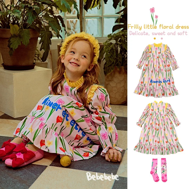 

Jenny&Dave Girls' sweet flower ruffle dress 2023 spring Korean version Nubao pink exotic princess lace skirt