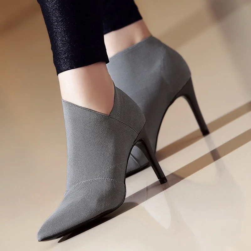 

2022 Grey Fashion Women High Heel Booties Large Size 34-41 Female High-Heeled Boots Young Ladies Booties 8.5cm Heel Cloth Boots