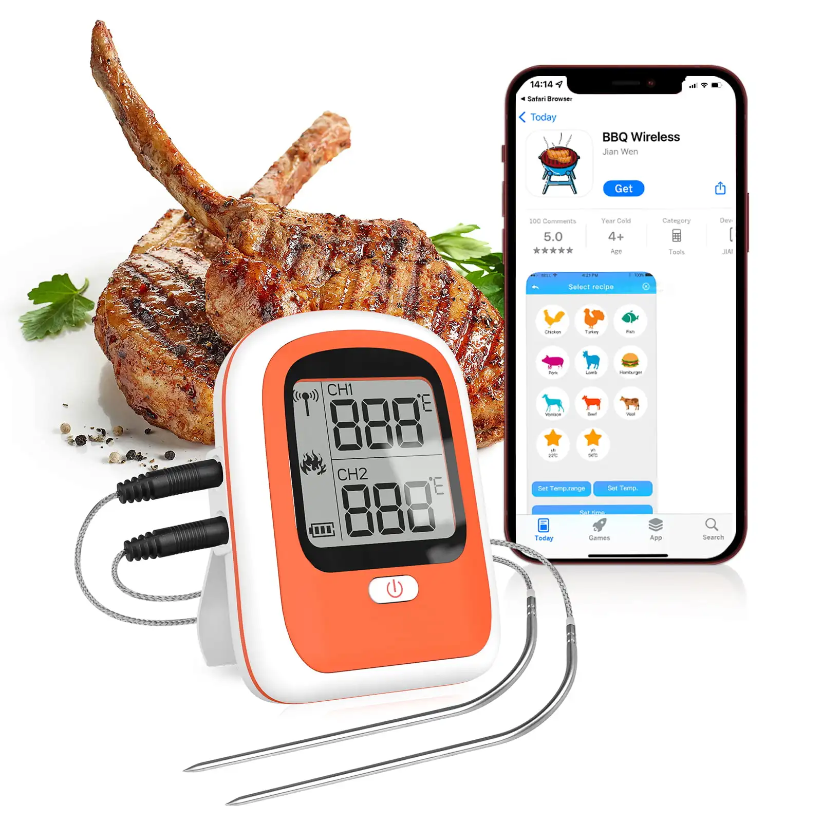 

Умный термометр для мяса с Bluetooth, беспроводной термометр для мяса с 2 зондами, умный термометр для мяса на гриле с дистанционным управлением App Noti