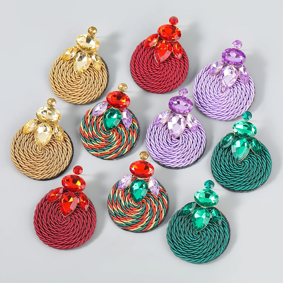 

Fashion Ethnic Style Cotton Cord Weave Round Ear Accessories Vintage Sparkly Crystal Dangle Earrings for Women Luxury Jewelry