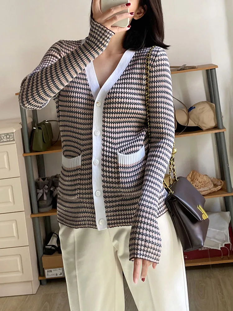 

MICOSONI 57% silk Tencel Cotton Striped Slim Knit Striped Cardigan Spring Autumn Niche Design Contrast Color Thin Top Sweater