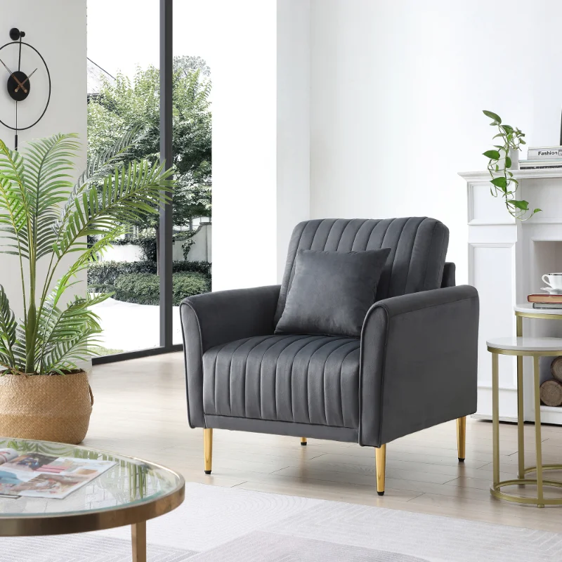 

Channel Tufted Velvet Round Arm Sofa Living Room Armchair Grey Grey Velvet [US Stock]