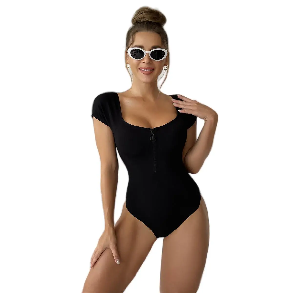 

Solid Color Bodysuit 2023 Women One-Piece Bikini Sexy Square Neck Zipper Shaping Slim Short Sleeve Backless Bathing Suit WX0113