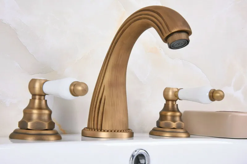 

Vintage Brass Two Ceramic Lever Knob Widespread Basin Faucet Bathroom Sink Hot And Cold Water Tap Deck Mounted 3 Hole Dan070
