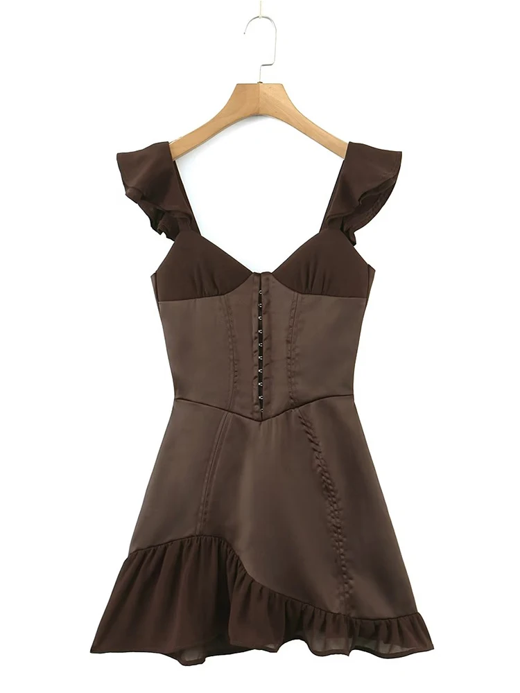 

YENKYE Women Coffee Metal Hook Button Corset style Ruffles Mini Sexy Dress Backless Female Bodycon Party Skater Sling Robe