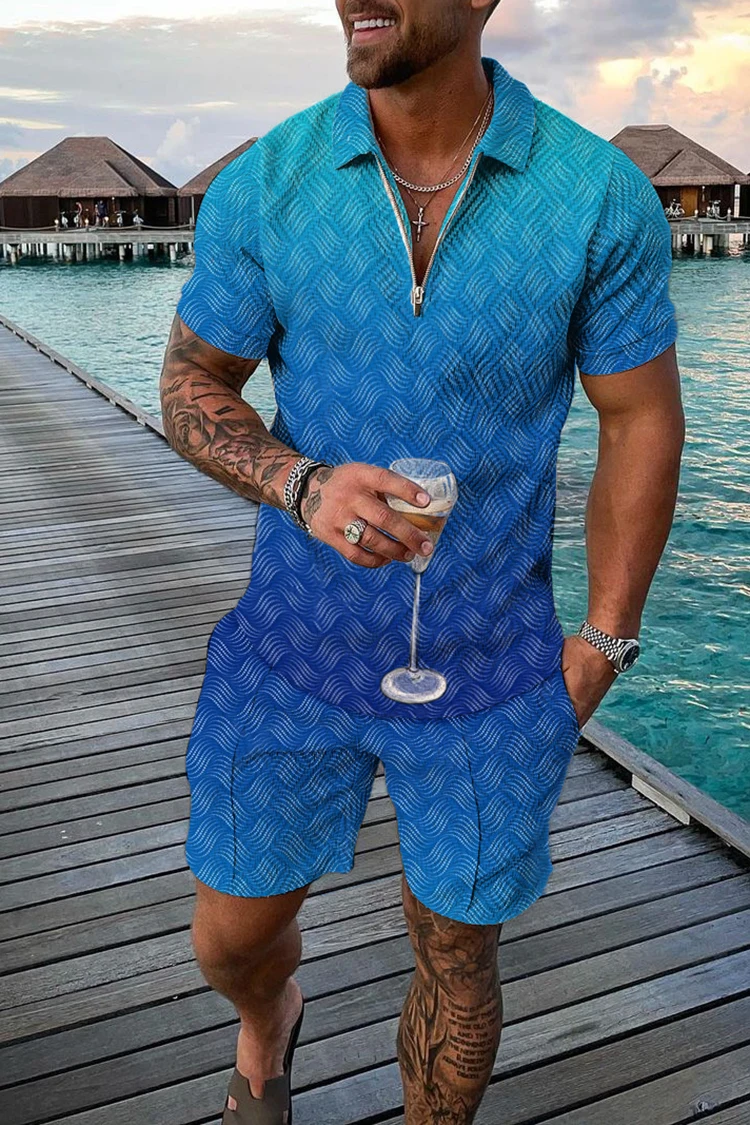 Summer Men Sports Suit Fashion Short-sleeved Polo Shirt Suit Lapel Zipper Clothing 2-piece Casual Suit Street Wear Oversized