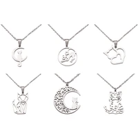 6pcs 6 styles stainless steel hollow moon cat animal charms necklace for women girl wedding birthday party fashion jewelry gift