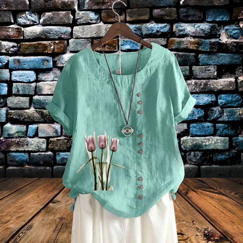 

New Multicolor Ladies Summer Temperament Flower Printed Linen T Shirt Casual Loose Plus Size Round Neck Short Sleeve Top XS-5XL