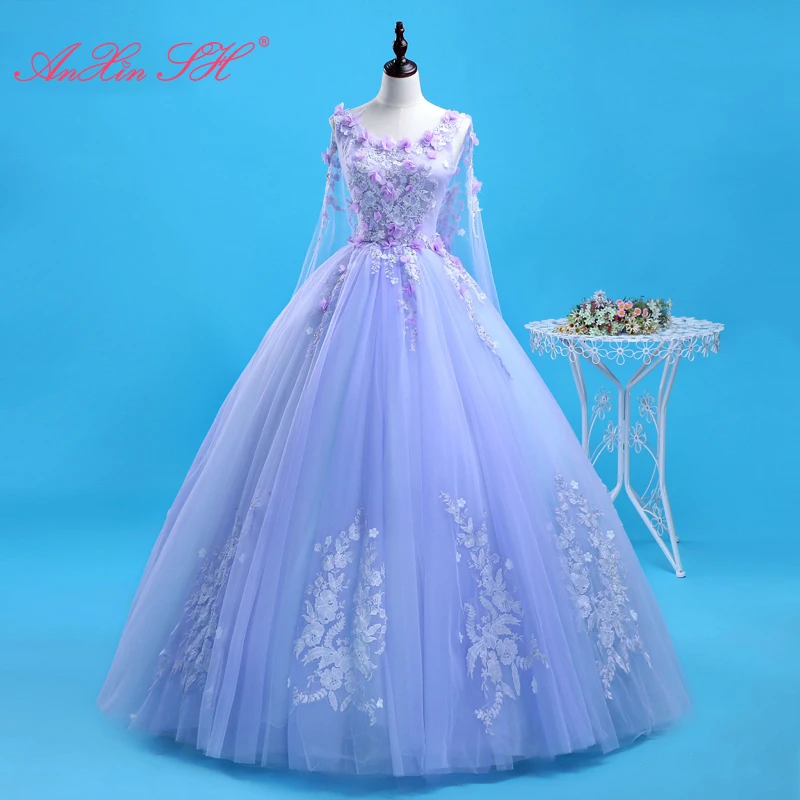 

AnXin SH princess purple lace o neck sleeveless party vintage illusion beading crystal flower host ball gown evening dress
