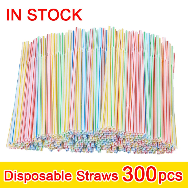 

300 Pcs Disposable Elbow Plastic Straws For Kitchenware Bar Party Event Alike Supplies Striped Bendable Cocktail Drinking Straws