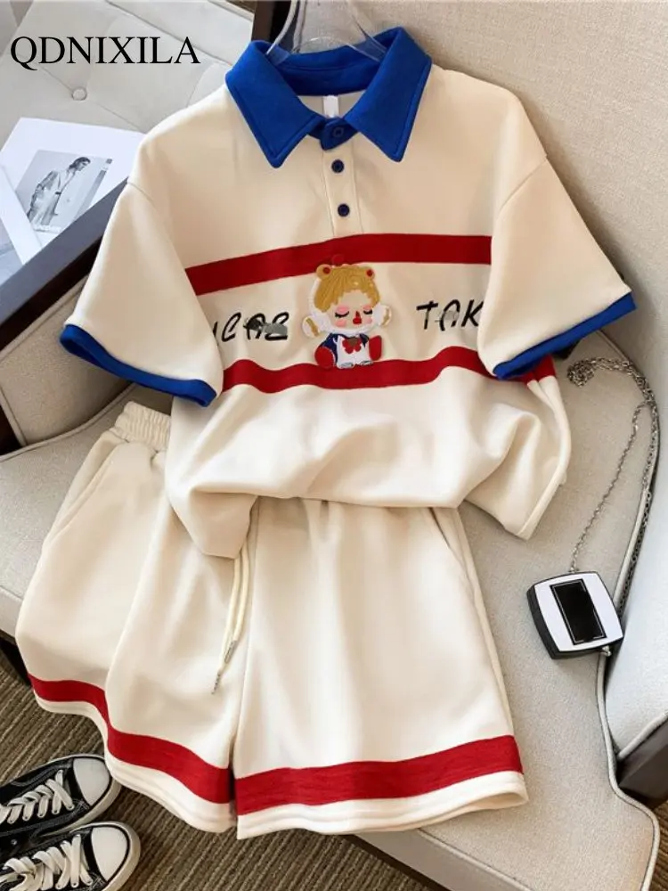 

Женский спортивный костюм из двух предметов, повседневный свободный костюм с коротким рукавом и шортами в Корейском стиле, лето 2023