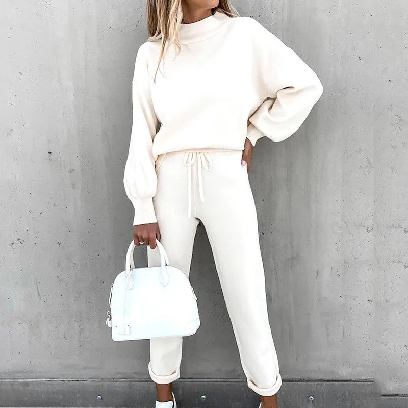 

Women Solid Two Piece Sets Casual Long Sleeve Top High Waisted Bandage Pants Female Autumn Winter Plus Size Tracksuit Suit