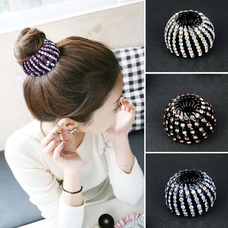 

Fashion Elegant Women Bun Crystal Hair Claw Horsetail Buckle Hair Rope Expanding Type Hair Accessories Female Ponytail Headwear