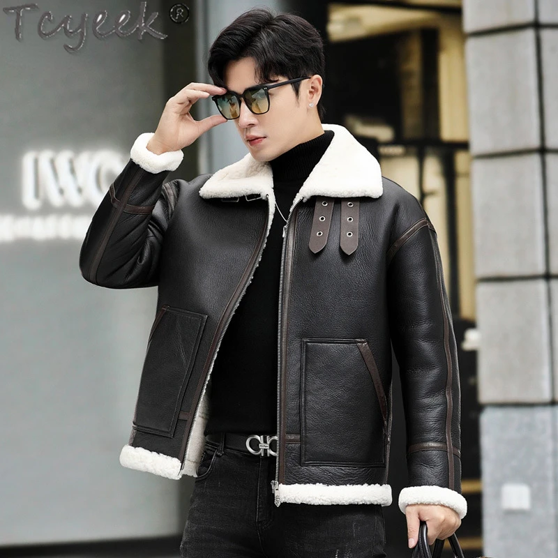 Мужская куртка из натуральной кожи Tcyeek теплая мотоциклетная шерсти зимняя