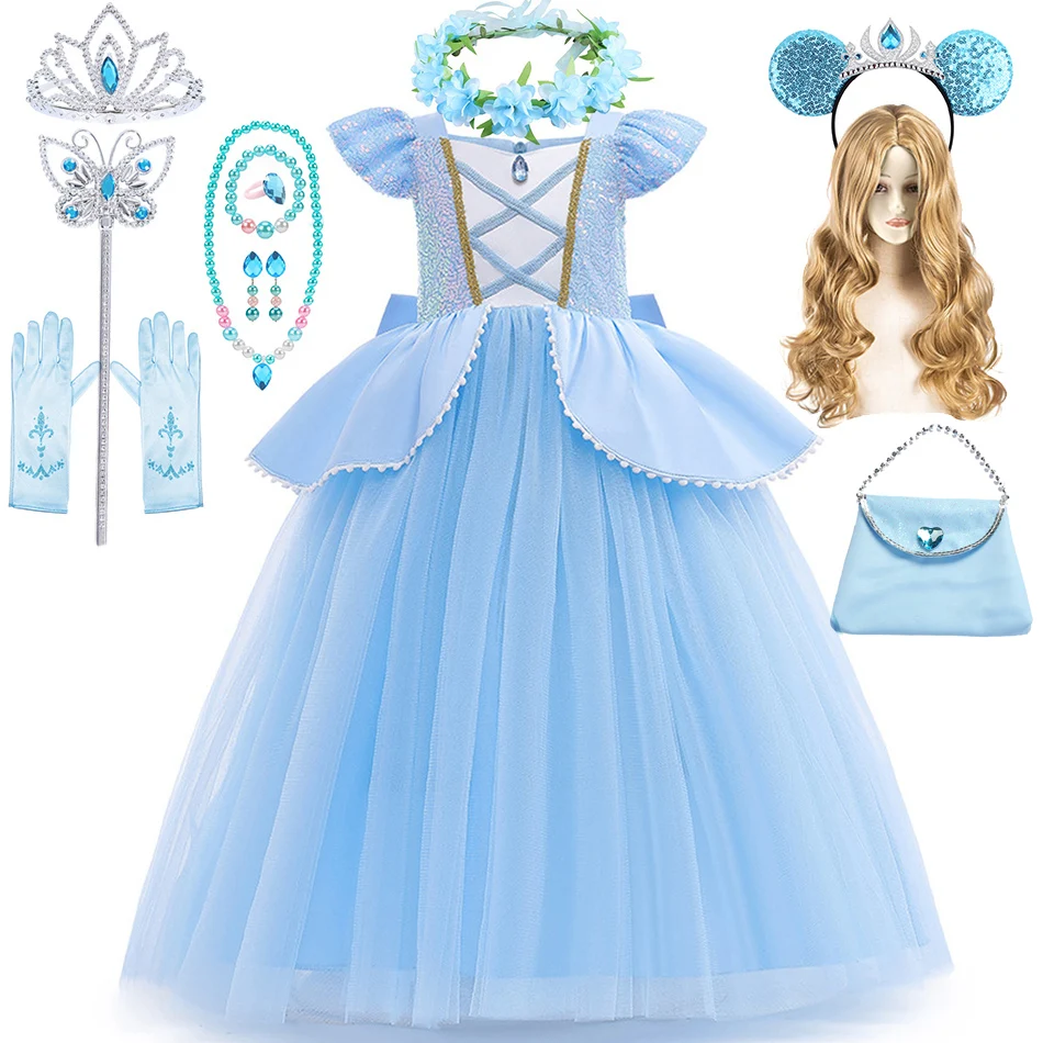 

Disney Cinderella Cosplay Costume Girl Blue Princess Dress Carnival Fancy Outfits Children Halloween Fantasy Disguise Clothes