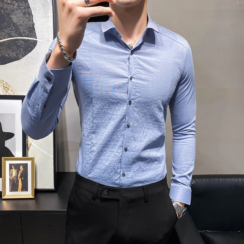 Solid Color Cotton Shirts Men Long Sleeve Slim Fit Business Casual Shirt Formal Social Party Streetwear Blouse Chemise Homme