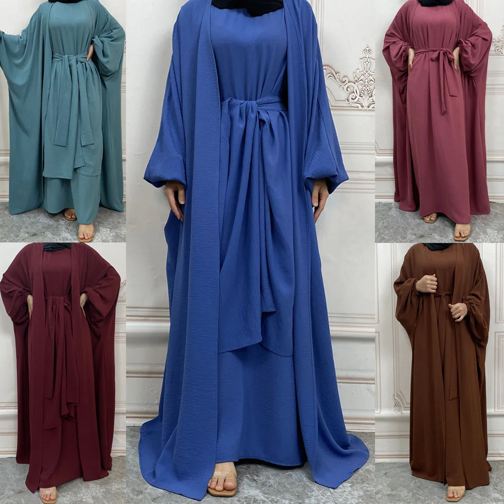 3 Piece Matching Muslim Sets Hijab Dress Plain Eid Abayas Women Dubai Open Abaya Turkey Inner Dresses Wrap Skirt Islam Clothes