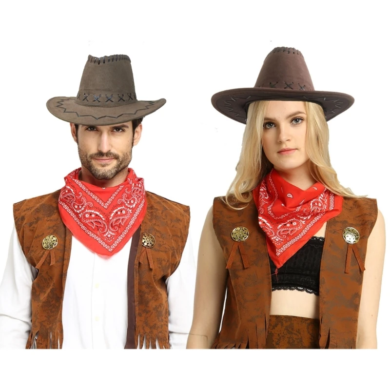 

Halloween Cow-boy Costumes with Cow-boy Hat Vests Scarf Cos-play Party Costume Accessories for Women Men Halloween Party