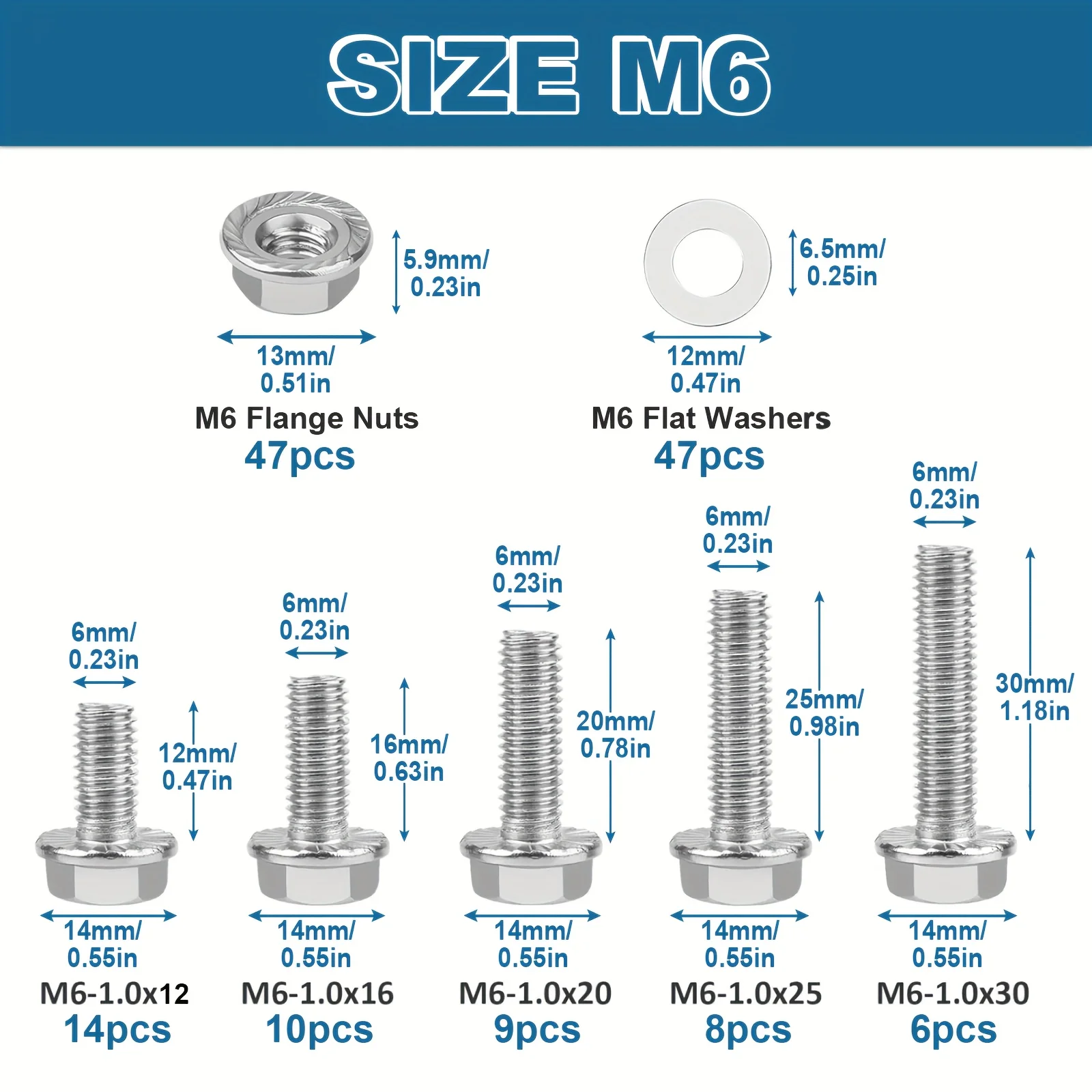 Ассортимент фланцевых болтов с шестигранной головкой M6 из нержавеющей