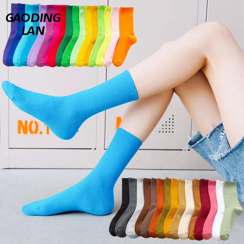 

3 Pair Sweat Absorption Solid Japanese Candy Color Women Pile Socks Anti Friction Fashion Cotton Breathable Middle Tube Socks